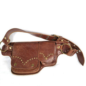 Warrior Creek Womens Leather Studded Fanny Pack Waist Belt Bag Brown Steampunk